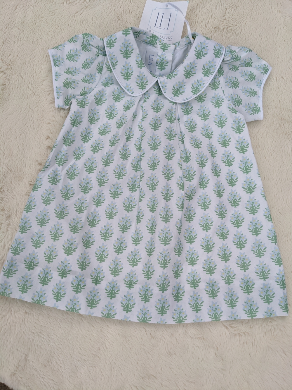 Hayes Kids White Dress with Green Floral Print and Peter Pan Collar